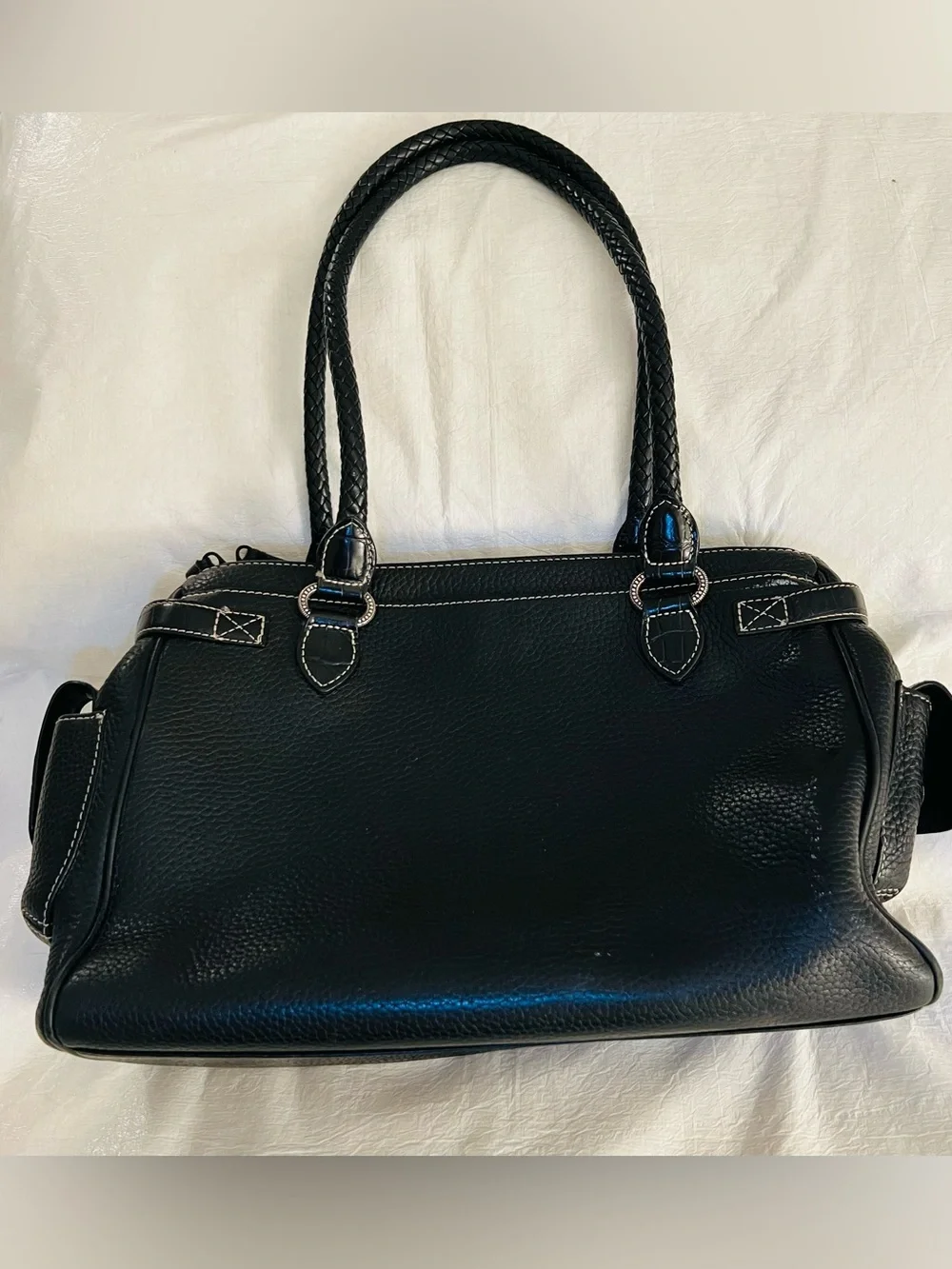 Brighton Black Pebbled Satchel Double Handles Zip Heart Charm Inner Pockets*